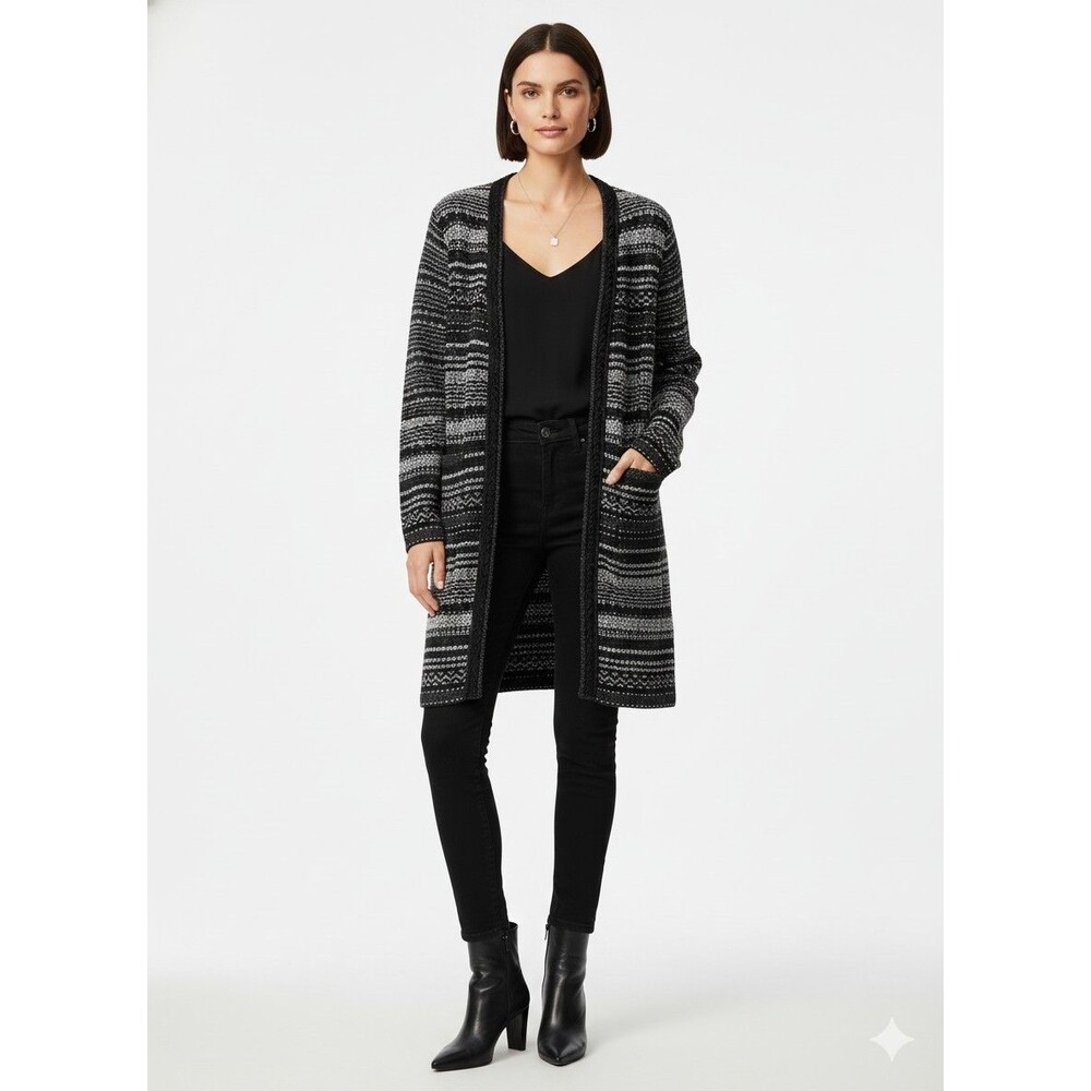 Womens Talbots Size Large Black And White Nordic Open Long Cardigan